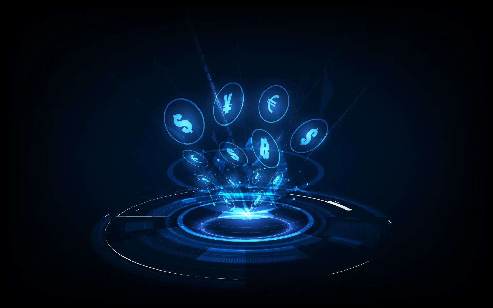 Imagem de moedas virtuais e símbolos de diferentes moedas internacionais, representando conceitos de dinheiro inteligente e investimentos digitais.