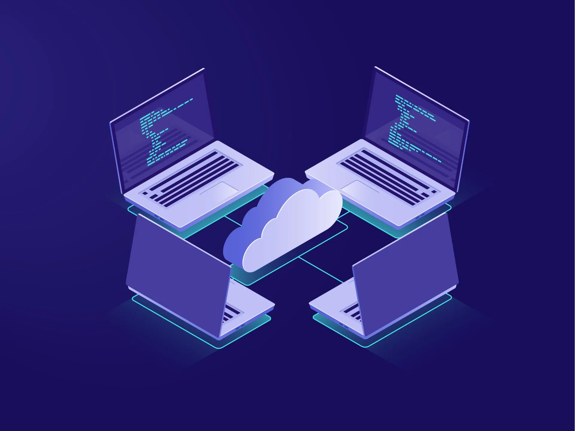 Ilustração tecnológica com quatro laptops conectados à nuvem, representando o gerenciamento do ciclo de vida de dados na AWS com Amazon Data Lifecycle Manager.