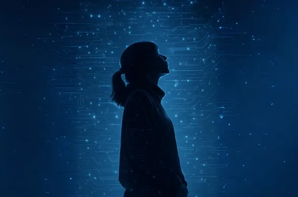 Silhueta de uma pessoa adolescente observando um fundo de estrelas e linhas de conexão que representam inteligência artificial e tecnologia
