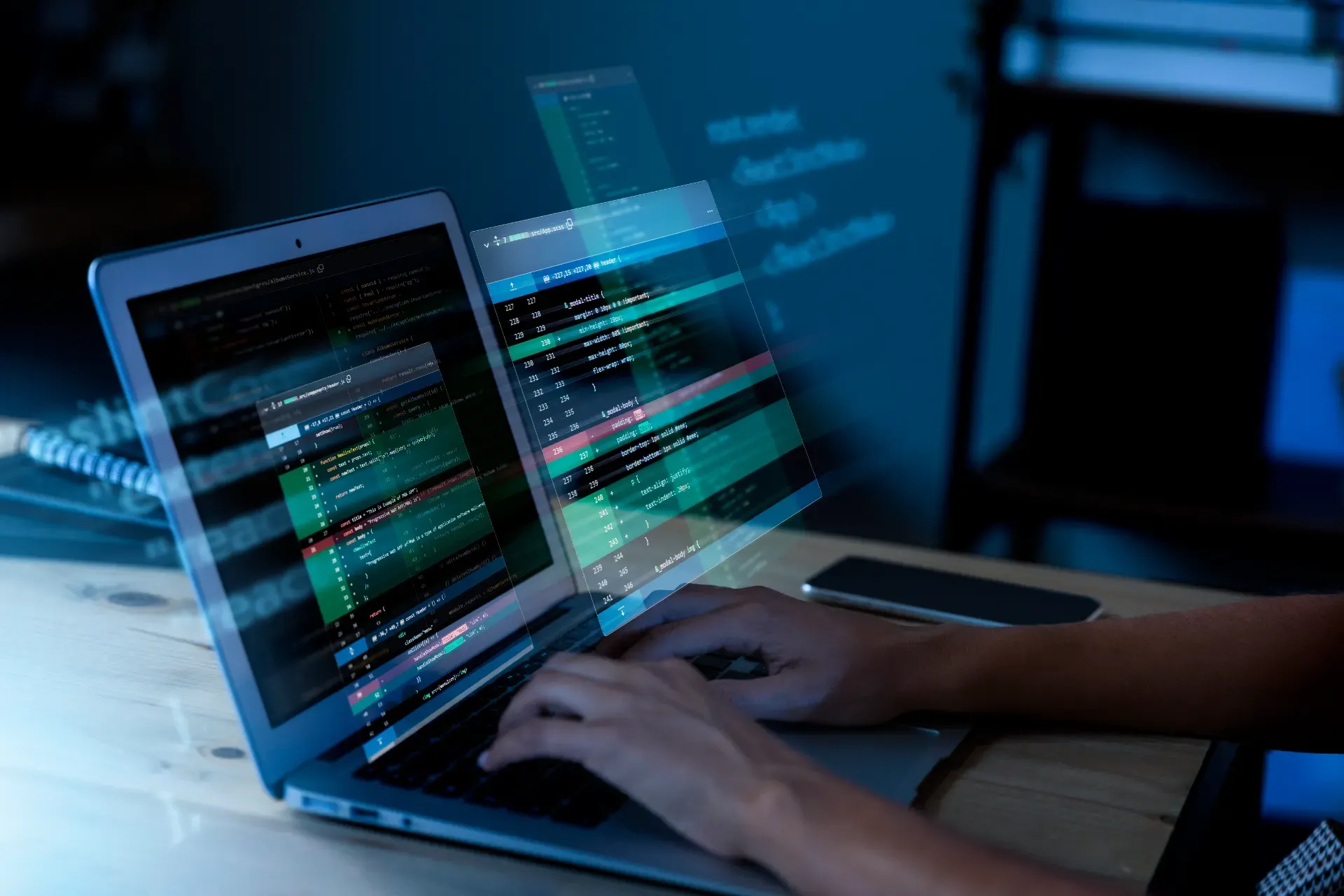 Pessoa usando um notebook com gráficos e telas de análise de mercado sobrepostas, em ambiente de escritório com monitor e código na tela, atmosfera azul de tecnologia e dados.