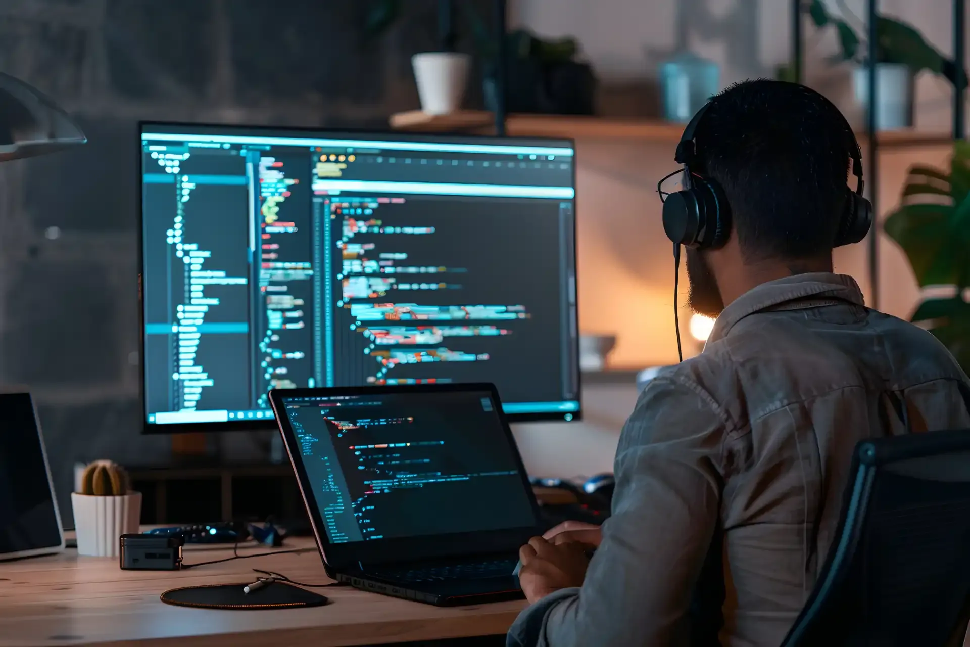 Programador trabalhando com código de software em vários dispositivos em escritório moderno.